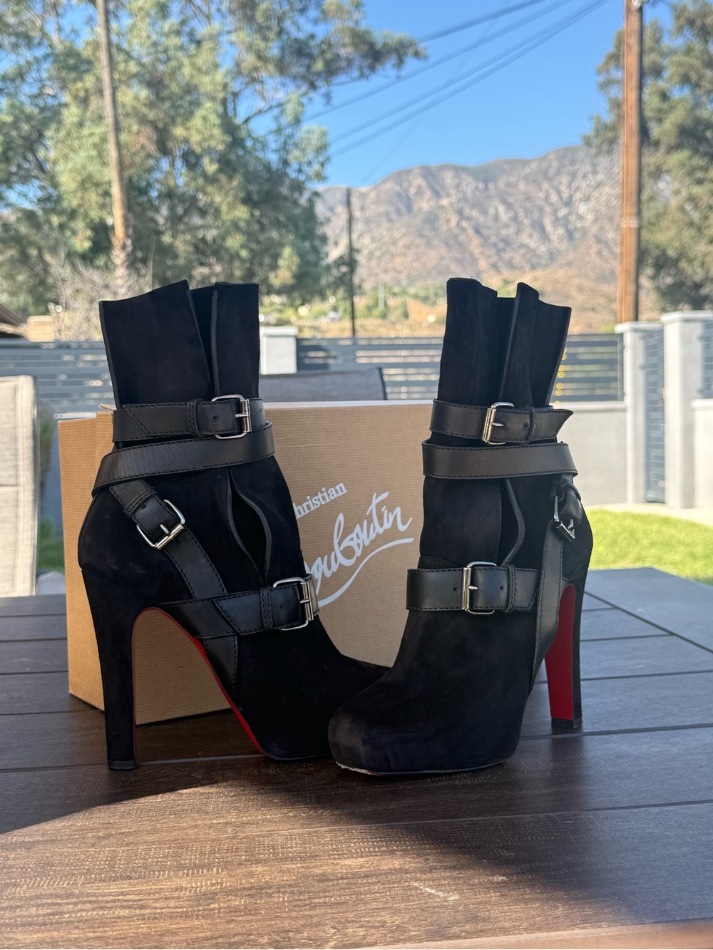 Christian Louboutin Guerriere Black Suede Buckle Strap Platform Boots 120